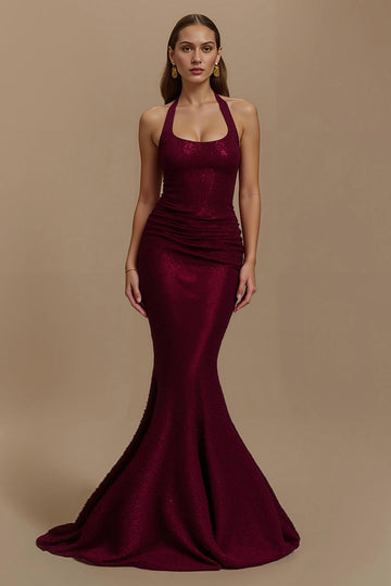 Sparkly Burgundy Halter Mermaid Long Formal Dress